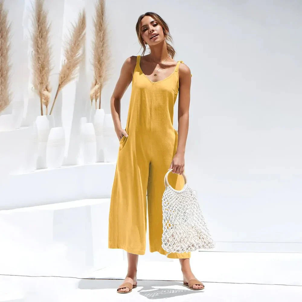 Tuta estiva midi da donna – Tuta di lusso senza maniche con scollo a V