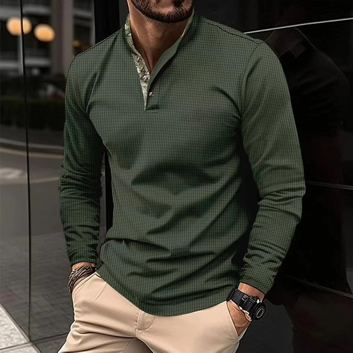 Elegante camicia Henley a maniche lunghe da uomo – Collo alto di alta qualità