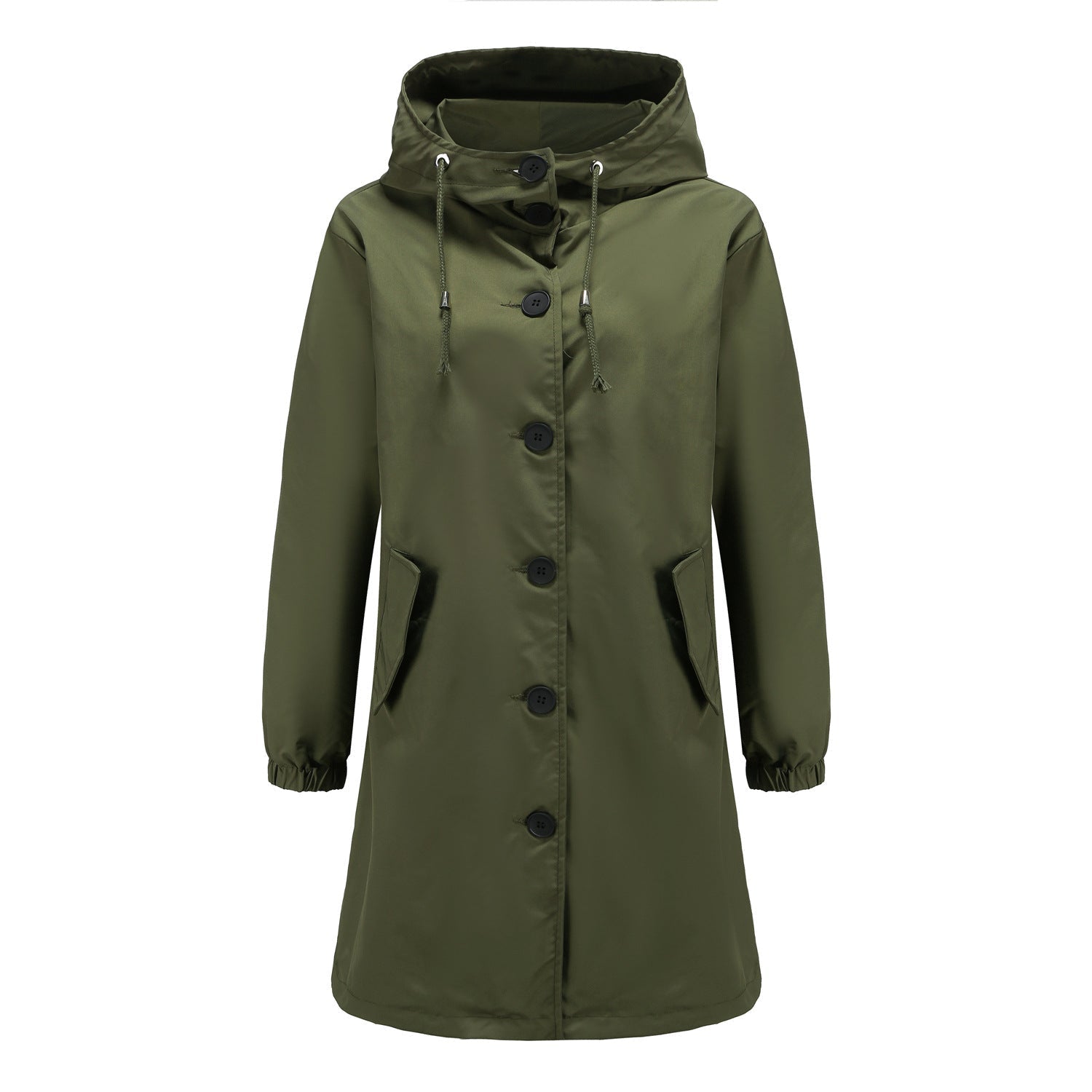 Cappotto lungo da donna con bottoni e cappuccio