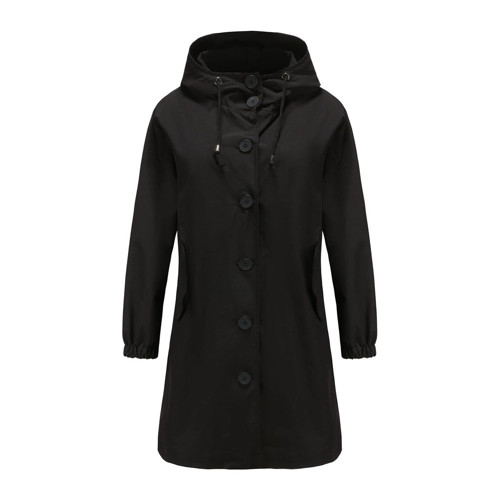 Cappotto lungo da donna con bottoni e cappuccio