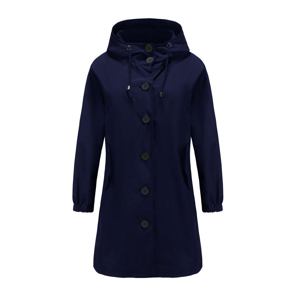 Cappotto lungo da donna con bottoni e cappuccio