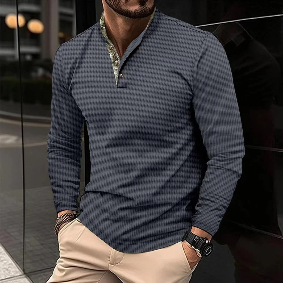 Elegante camicia Henley a maniche lunghe da uomo – Collo alto di alta qualità