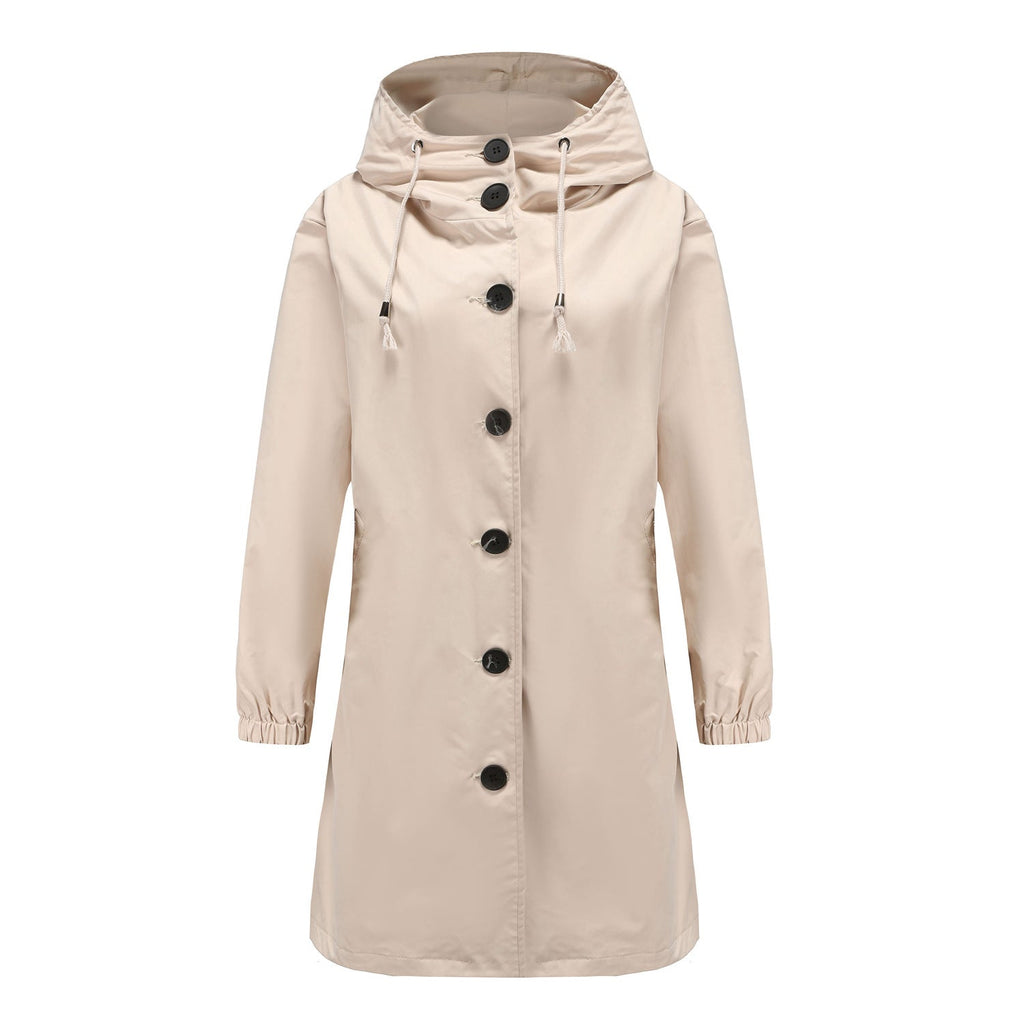 Cappotto lungo da donna con bottoni e cappuccio
