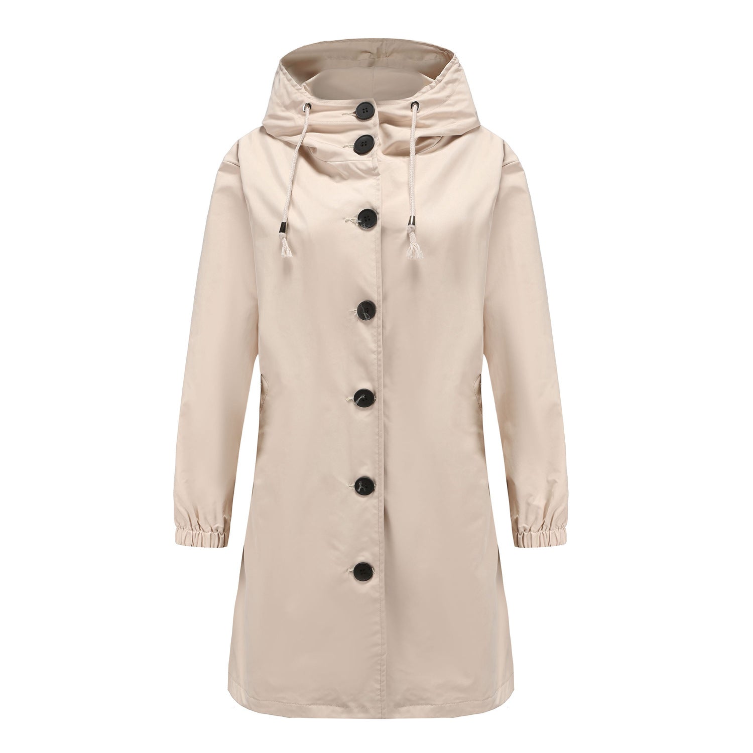 Cappotto lungo da donna con bottoni e cappuccio