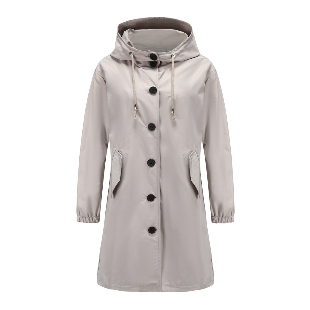 Cappotto lungo da donna con bottoni e cappuccio