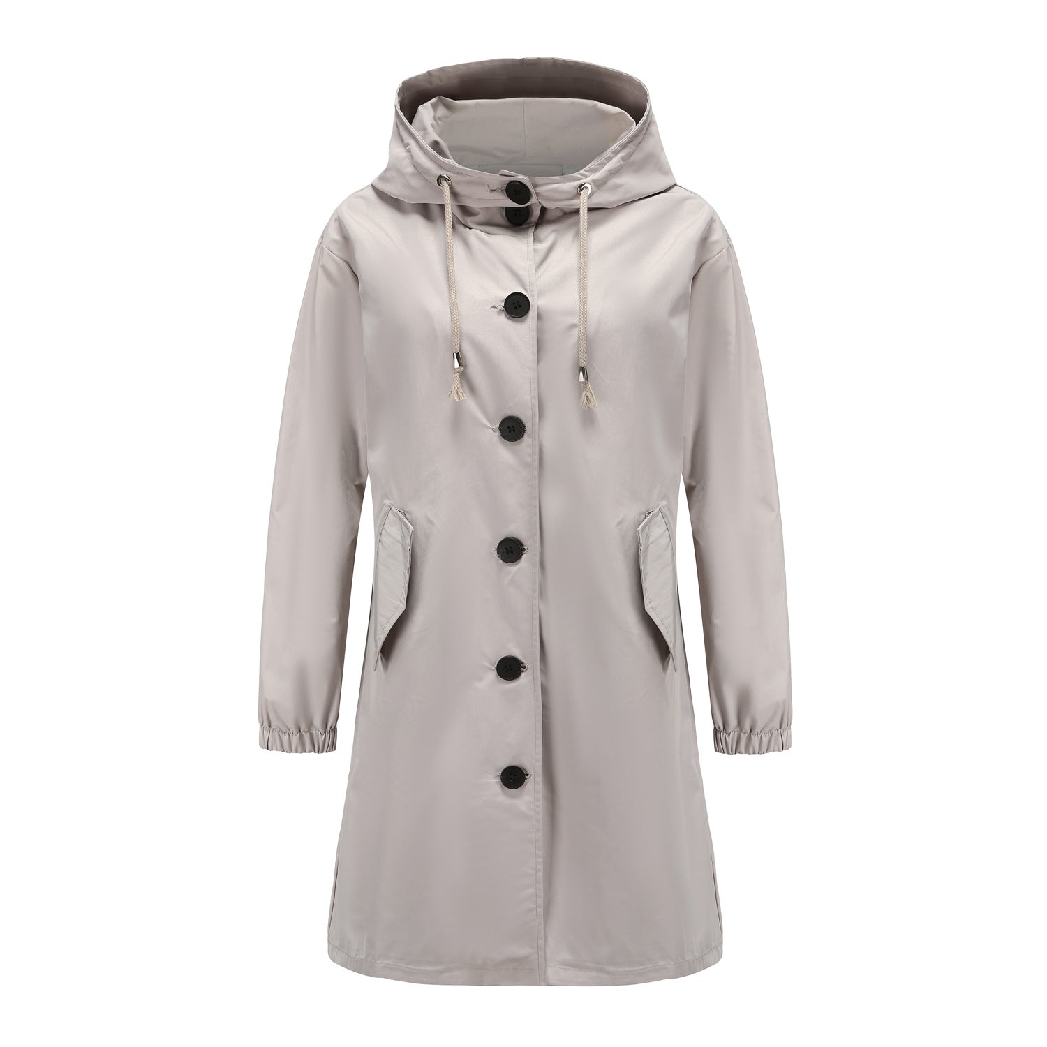 Cappotto lungo da donna con bottoni e cappuccio