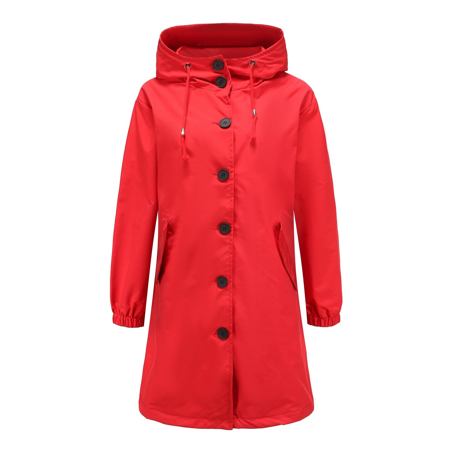 Cappotto lungo da donna con bottoni e cappuccio