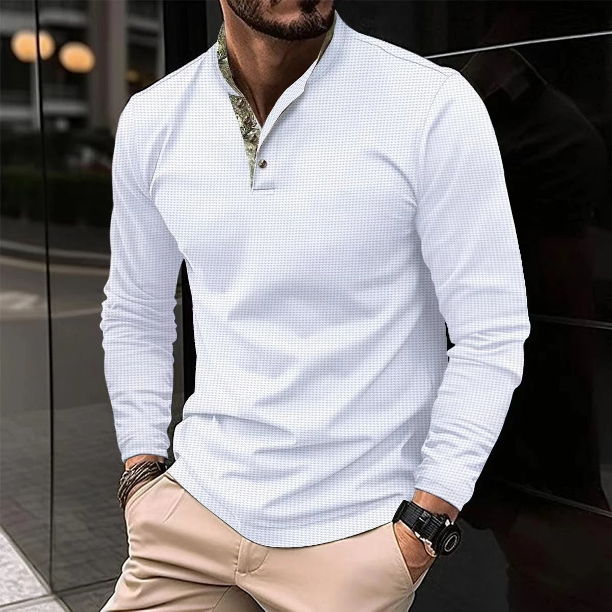 Elegante camicia Henley a maniche lunghe da uomo – Collo alto di alta qualità