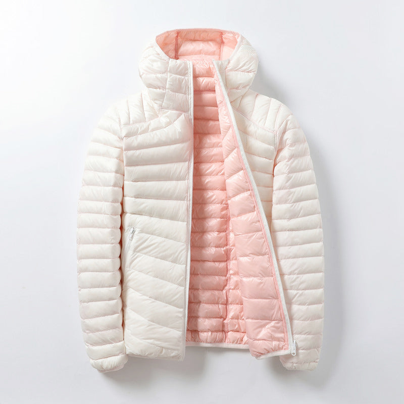 Piumino ultraleggero da donna con cappuccio – Caldo cappotto in poliestere bifacciale