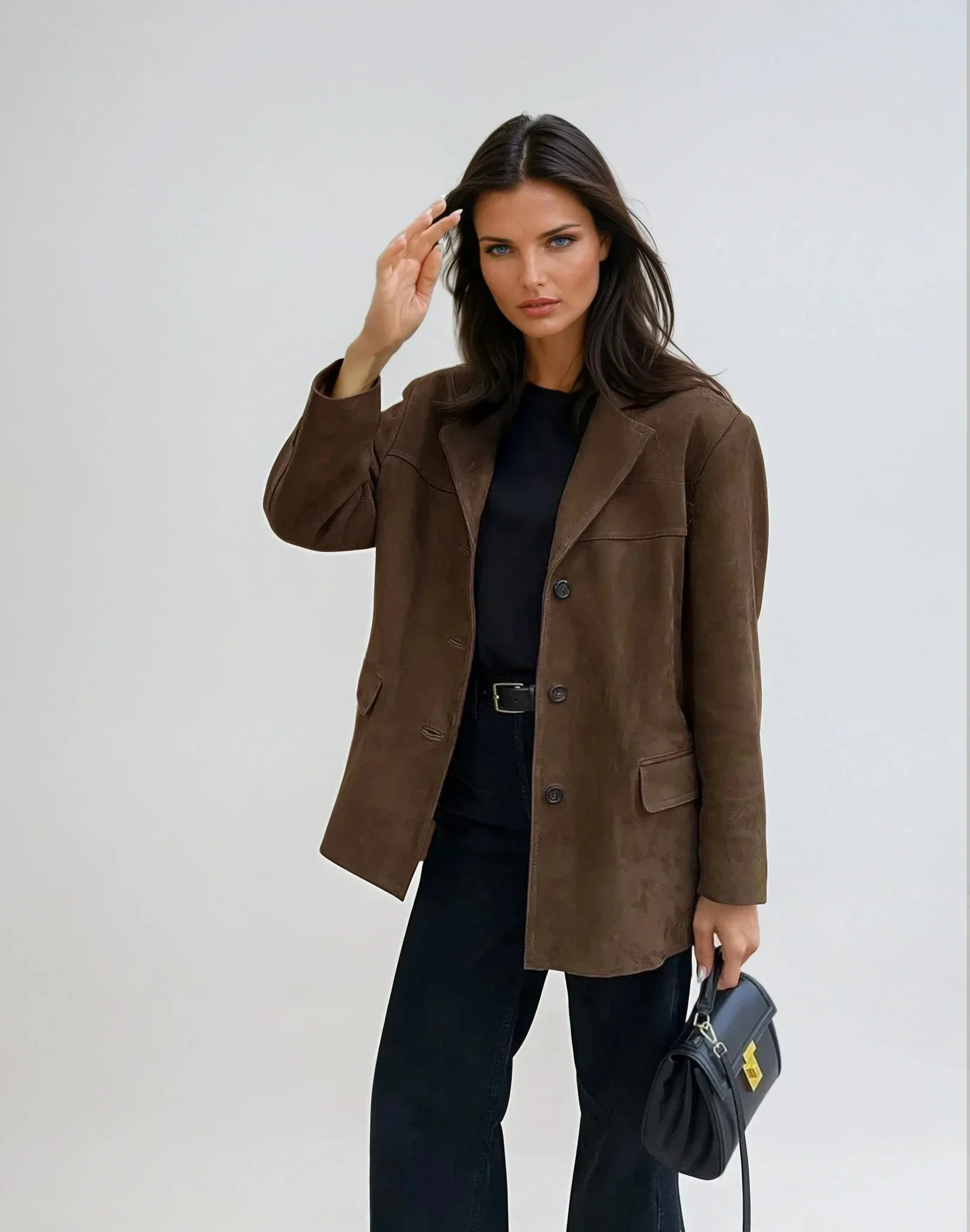 Blazer Donna in Camoscio Marrone con Tasche – Giacca Elegante