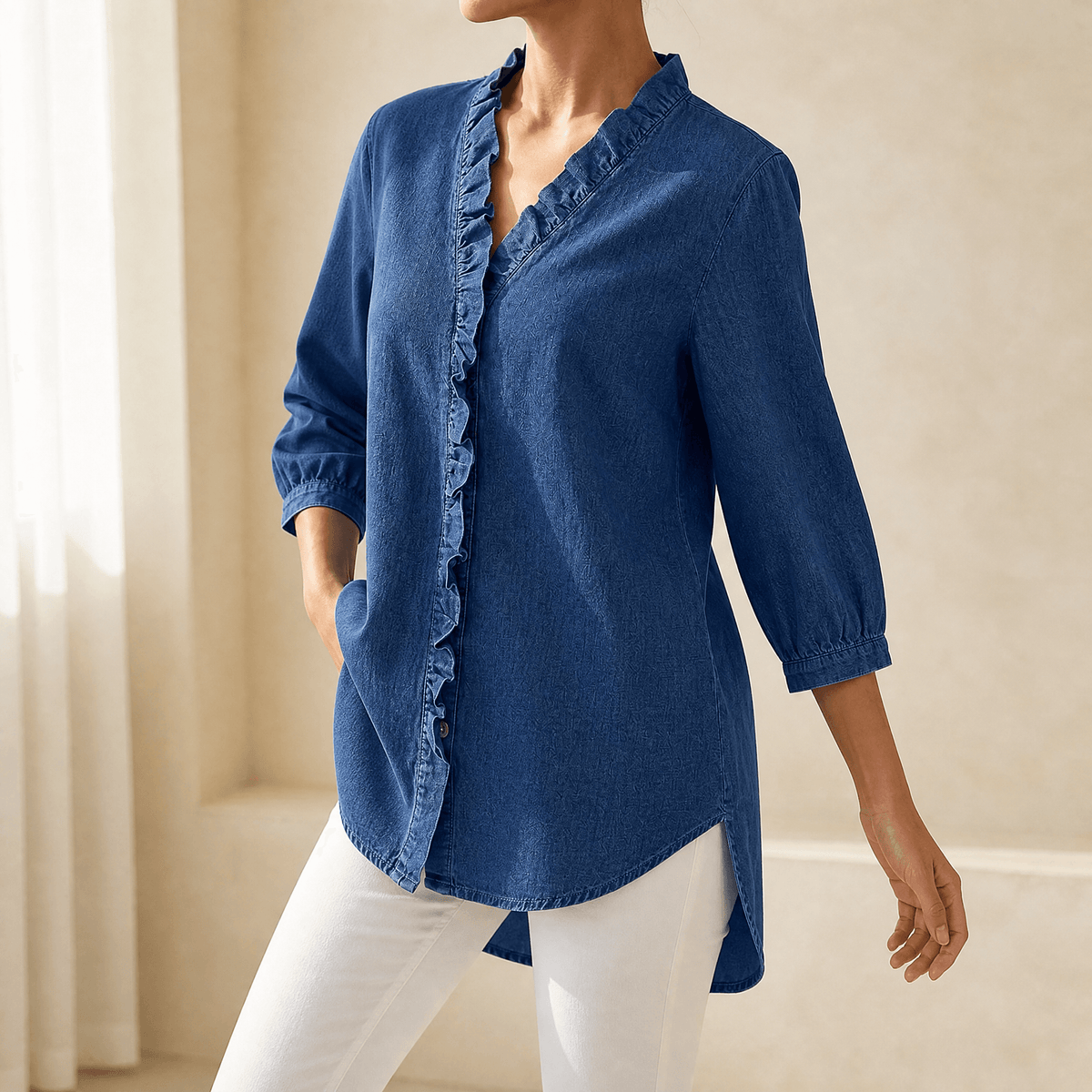 Vivara V-neck denim blouse with ruffles - Soft and feminine