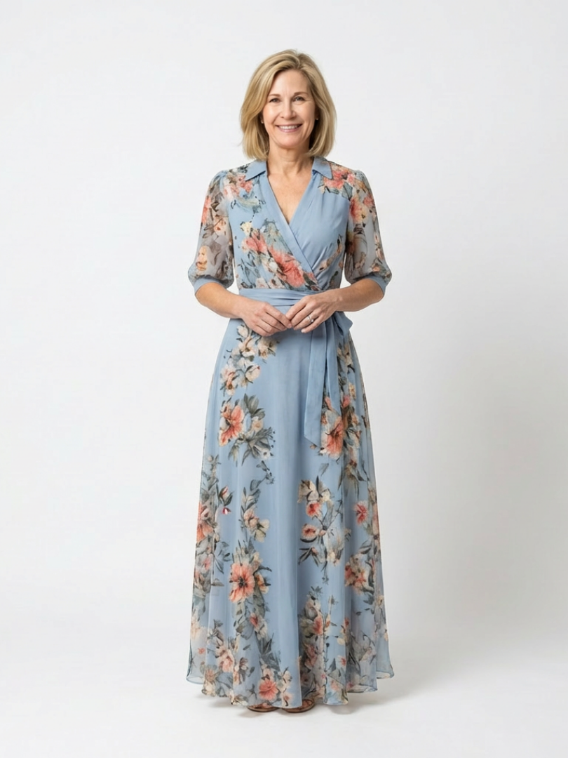 Abito maxi floreale da donna con scollo a V incrociato - Fluido ed elegante