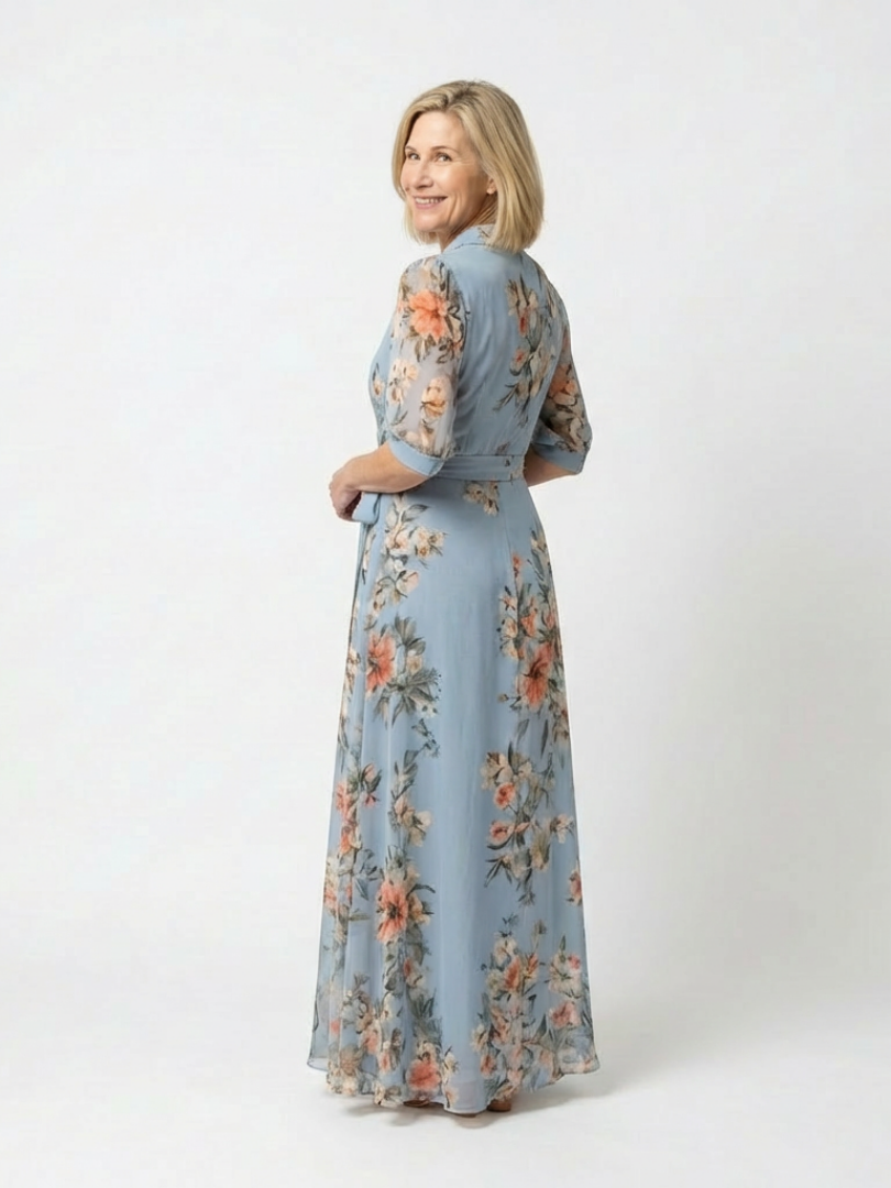 Abito maxi floreale da donna con scollo a V incrociato - Fluido ed elegante