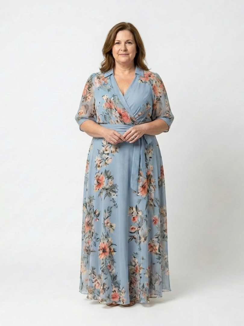 Abito maxi floreale da donna con scollo a V incrociato - Fluido ed elegante