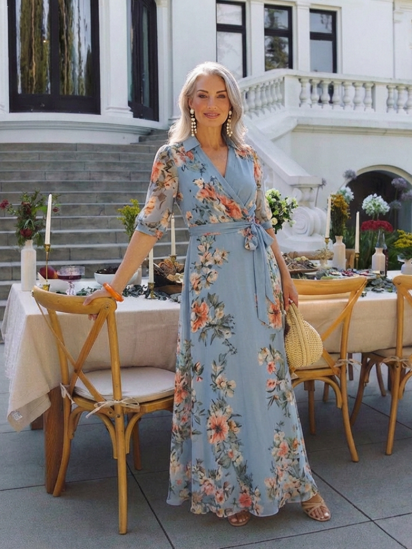 Abito maxi floreale da donna con scollo a V incrociato - Fluido ed elegante