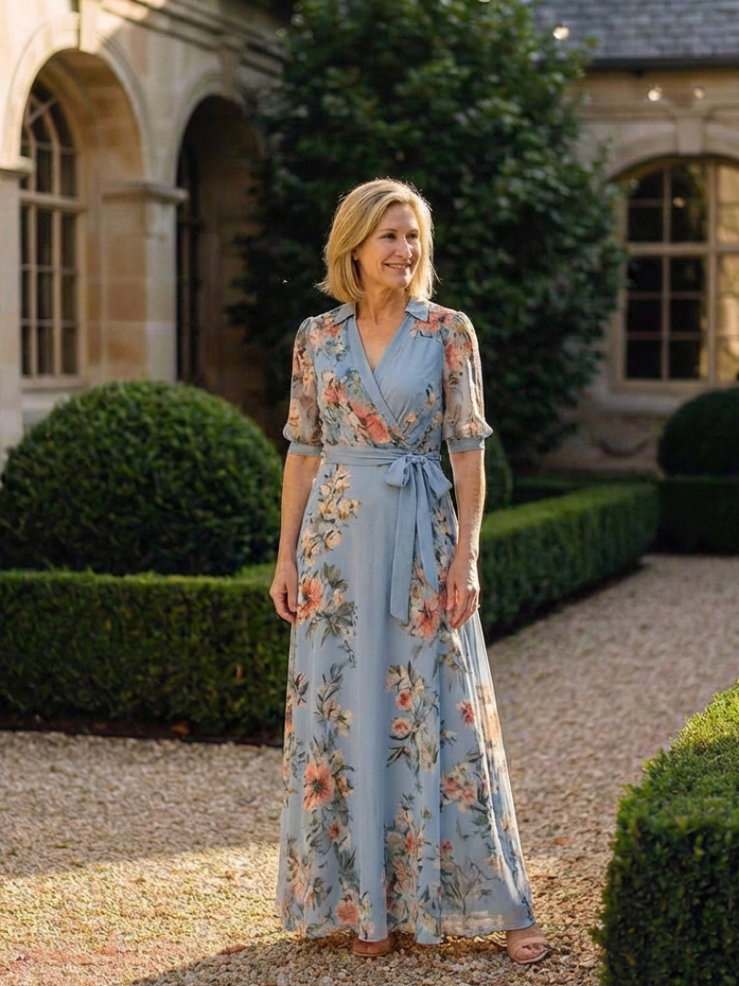 Abito maxi floreale da donna con scollo a V incrociato - Fluido ed elegante
