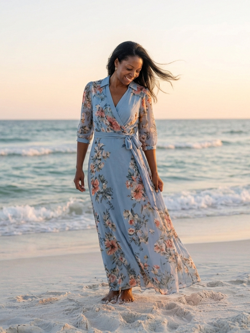 Abito maxi floreale da donna con scollo a V incrociato - Fluido ed elegante