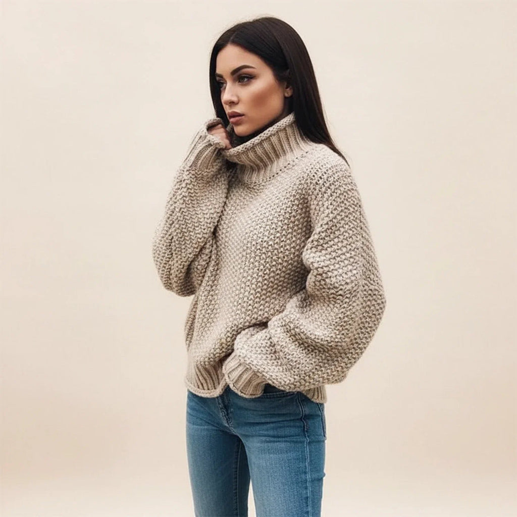 Pull à col roulé pour femme en grosse maille - Chaud et doux