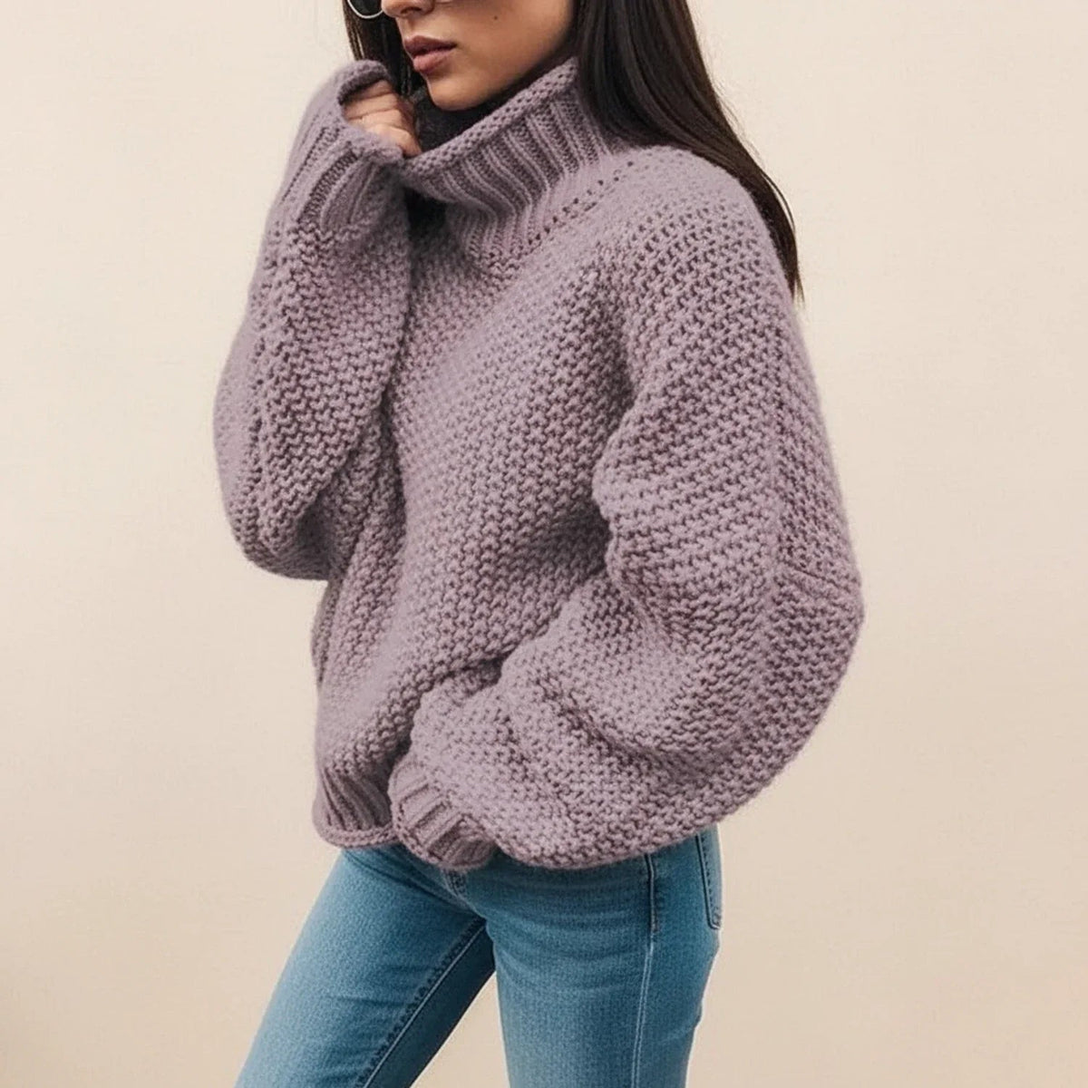 Pull à col roulé pour femme en grosse maille - Chaud et doux