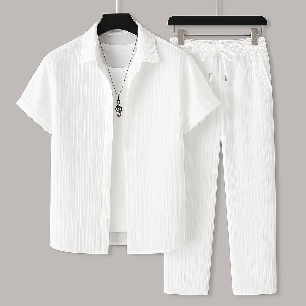 Completo uomo effetto lino con camicia e pantaloni con coulisse - Leggero e casual