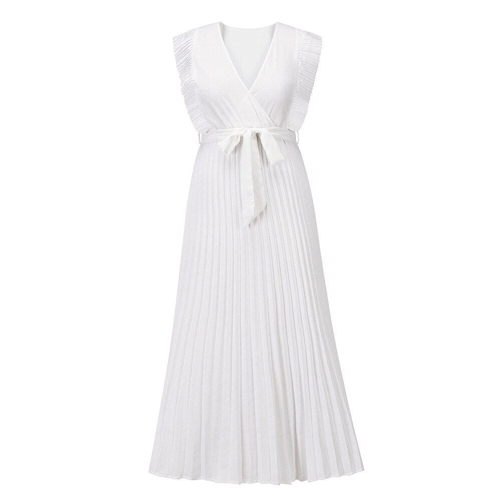 Elegante abito lungo senza maniche con volant per donna – Abito estivo plissettato con scollo a V