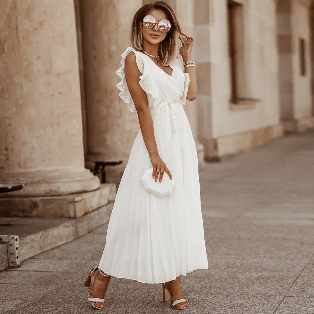 Elegante abito lungo senza maniche con volant per donna – Abito estivo plissettato con scollo a V