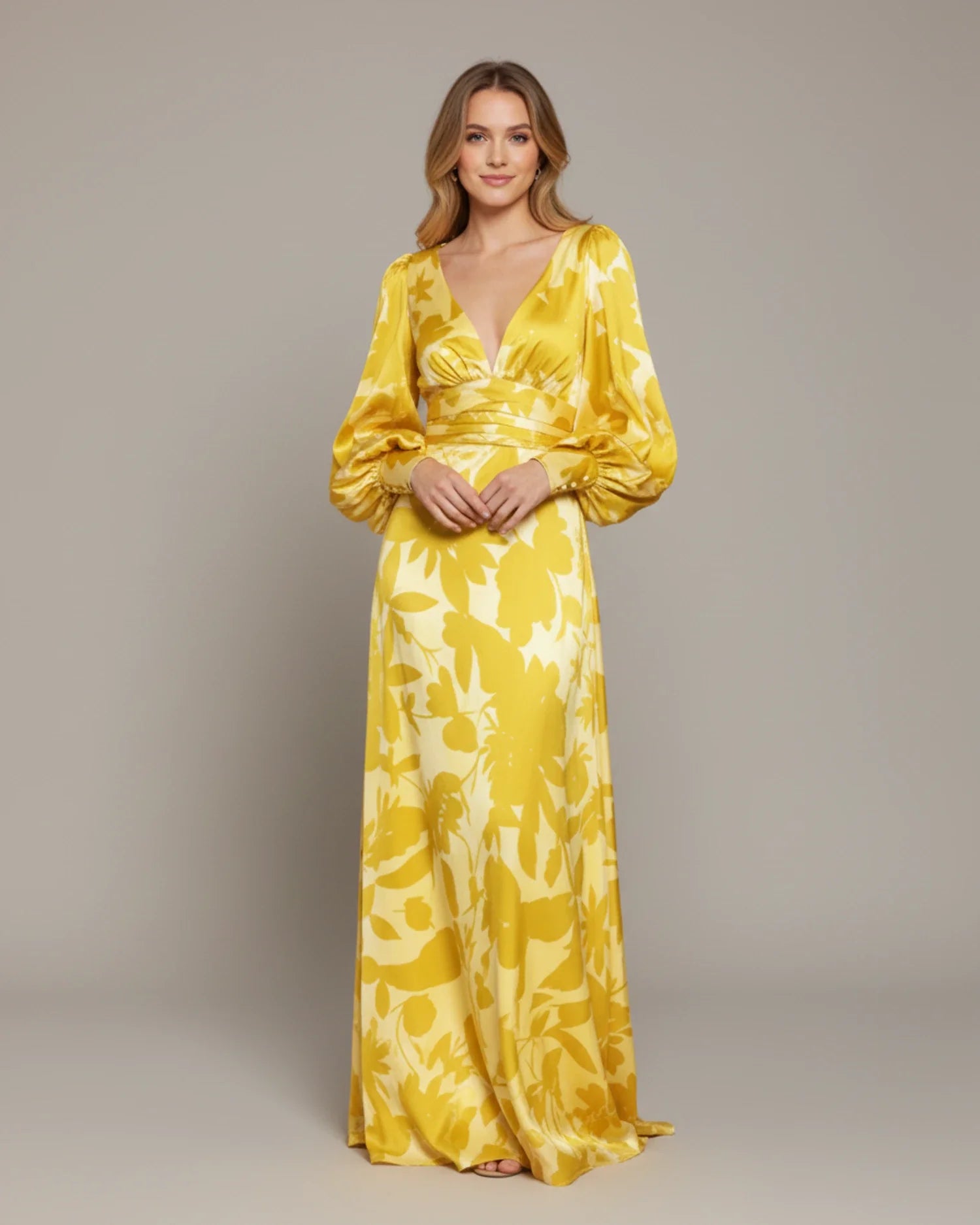 Abito Maxi Floreale Donna – Elegante Scollo a V con Maniche Bishop