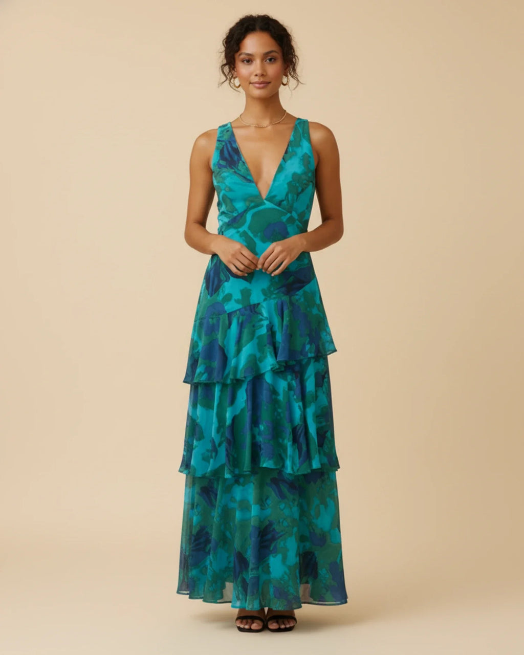 Abito lungo da donna senza maniche con stampa floreale e balze – Elegante stile estivo
