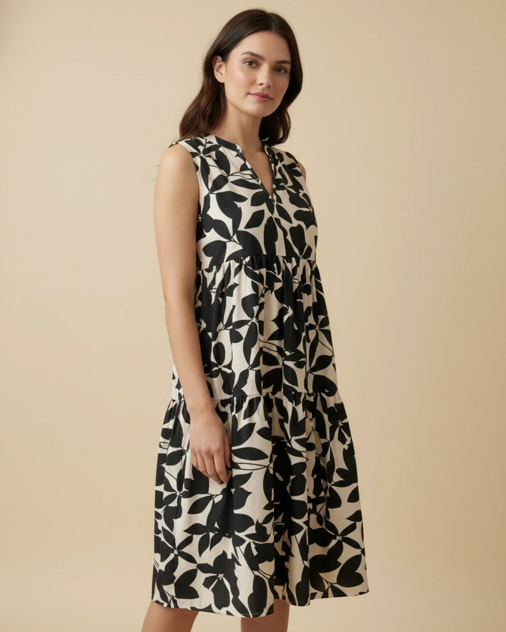 Abito Midi Donna A-Line Senza Maniche – Stile Estivo con Stampa Foglie