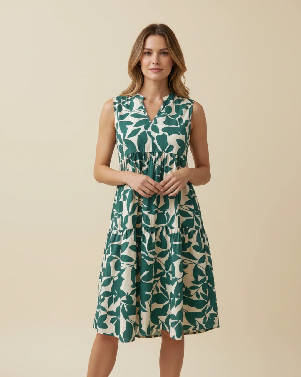 Abito Midi Donna A-Line Senza Maniche – Stile Estivo con Stampa Foglie