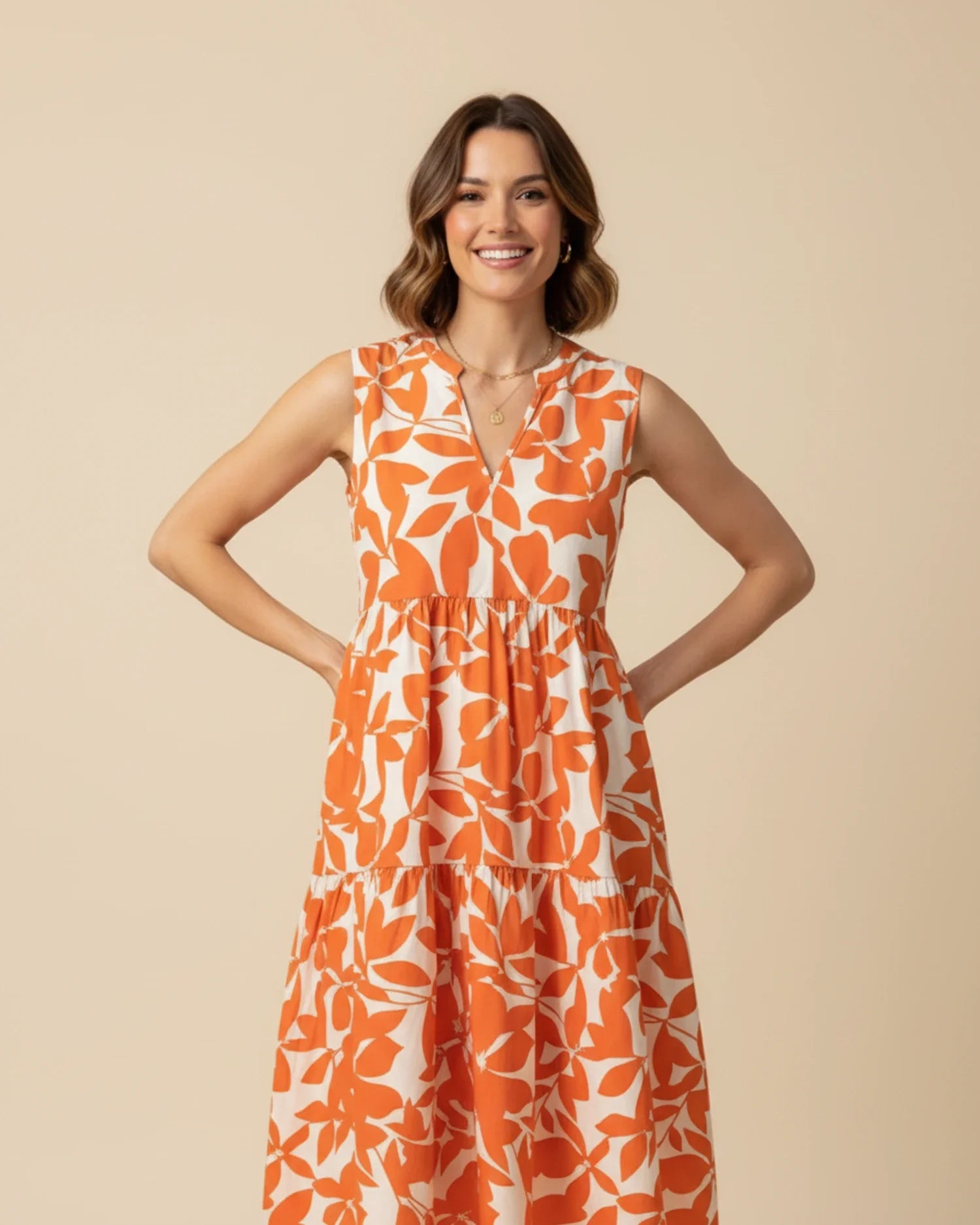 Abito Midi Donna A-Line Senza Maniche – Stile Estivo con Stampa Foglie