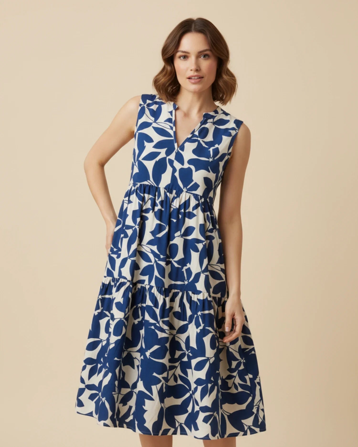 Abito Midi Donna A-Line Senza Maniche – Stile Estivo con Stampa Foglie