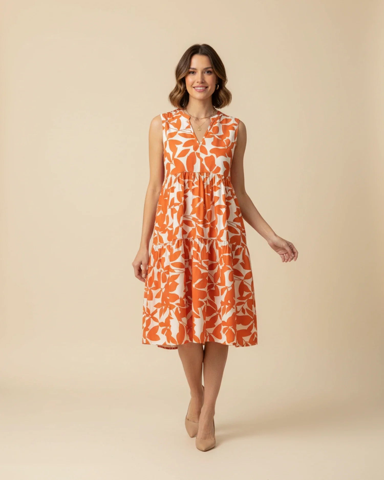 Abito Midi Donna A-Line Senza Maniche – Stile Estivo con Stampa Foglie
