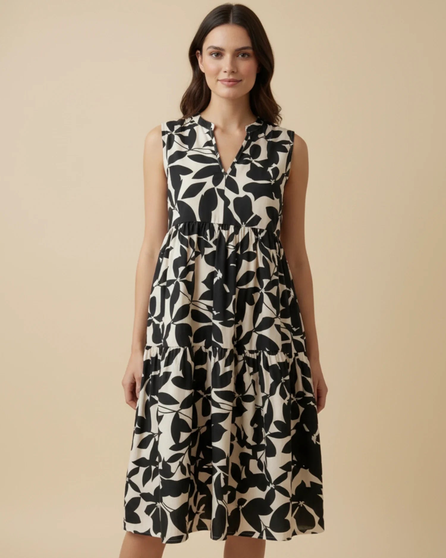 Abito Midi Donna A-Line Senza Maniche – Stile Estivo con Stampa Foglie
