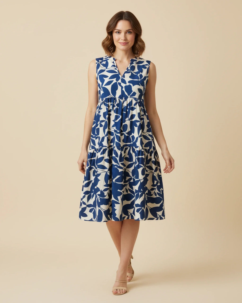 Abito Midi Donna A-Line Senza Maniche – Stile Estivo con Stampa Foglie