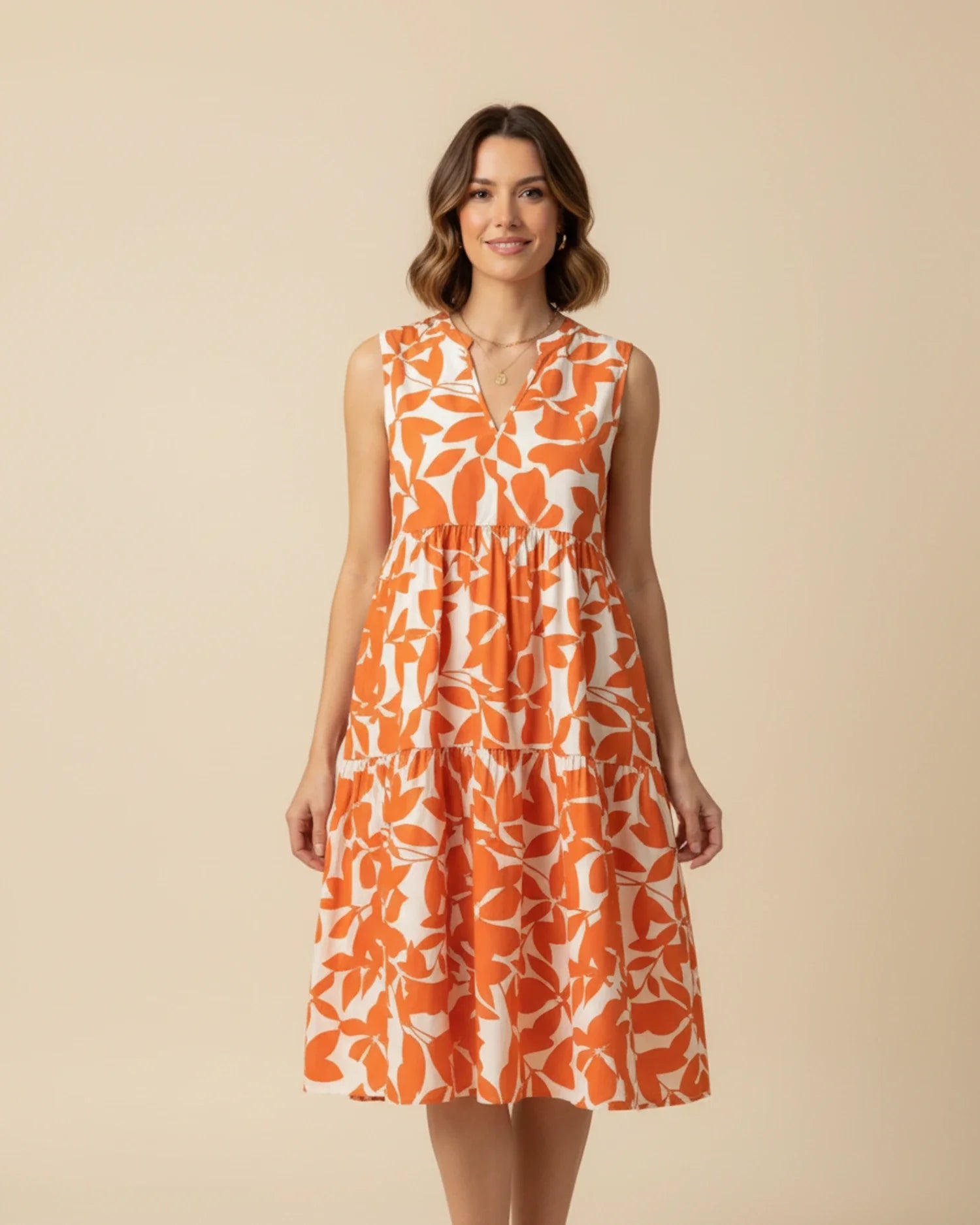 Abito Midi Donna A-Line Senza Maniche – Stile Estivo con Stampa Foglie