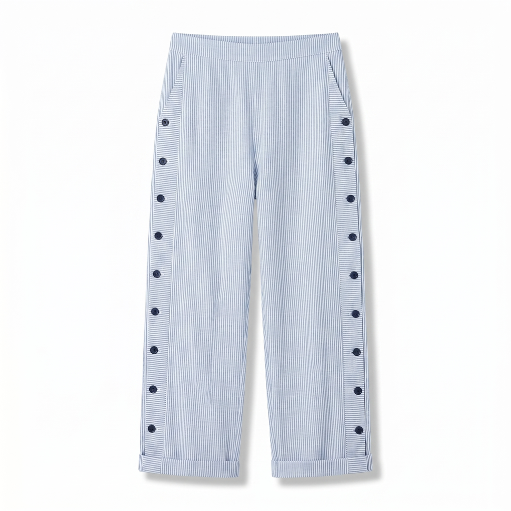 Pantaloni donna a righe con bottoni a contrasto - Chic e fluidi