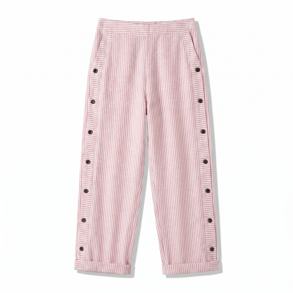 Pantaloni donna a righe con bottoni a contrasto - Chic e fluidi