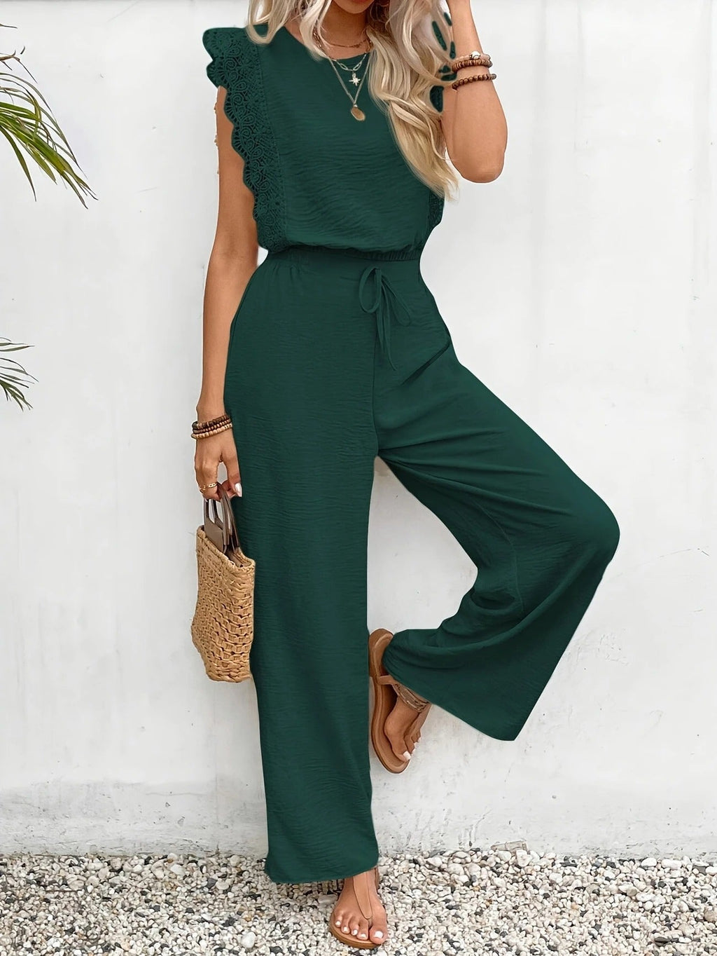 Set da donna con top con maniche ad aletta e bordi in pizzo e pantaloni a gamba larga – Elegante completo a due pezzi