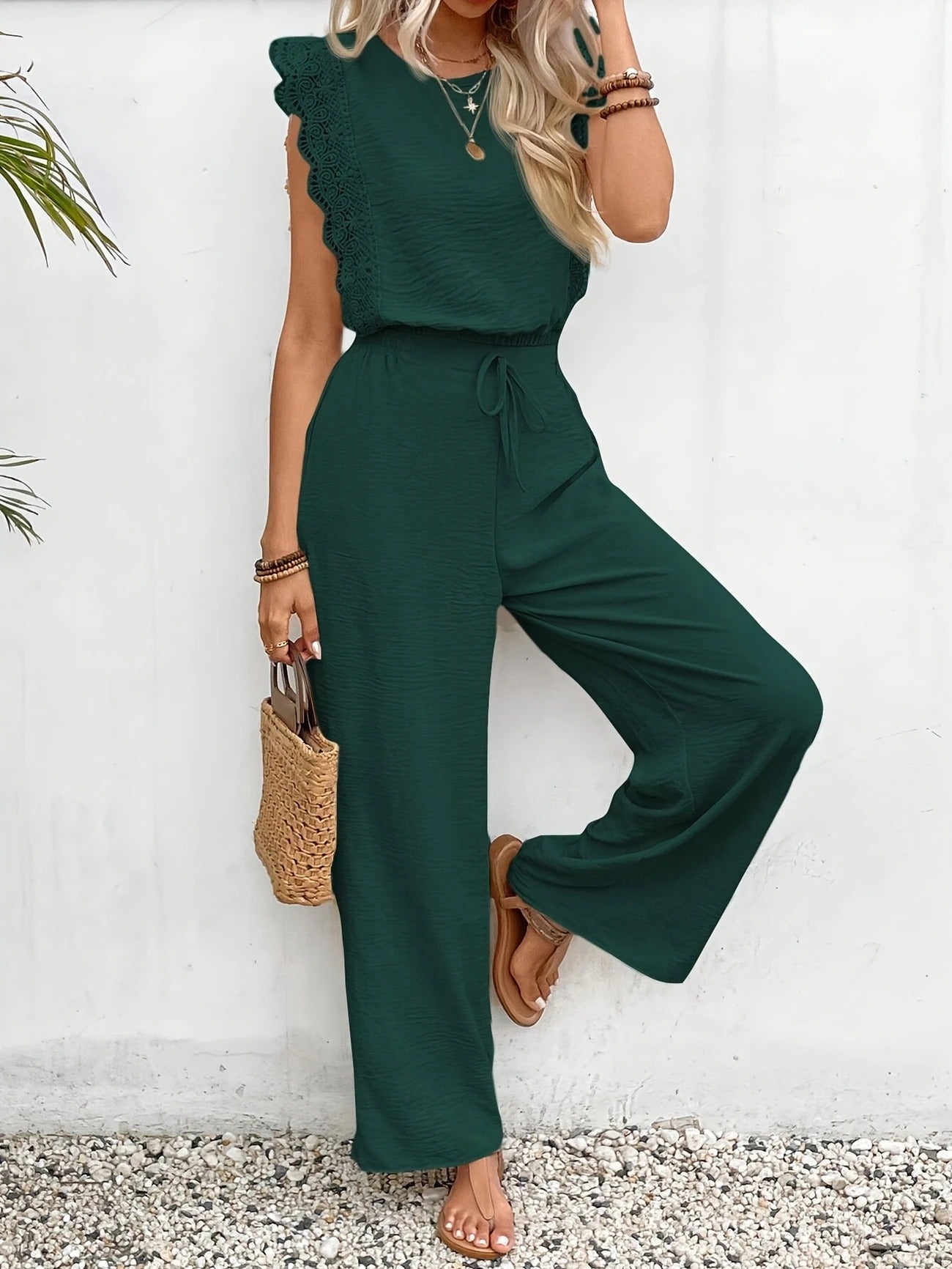 Set da donna con top con maniche ad aletta e bordi in pizzo e pantaloni a gamba larga – Elegante completo a due pezzi