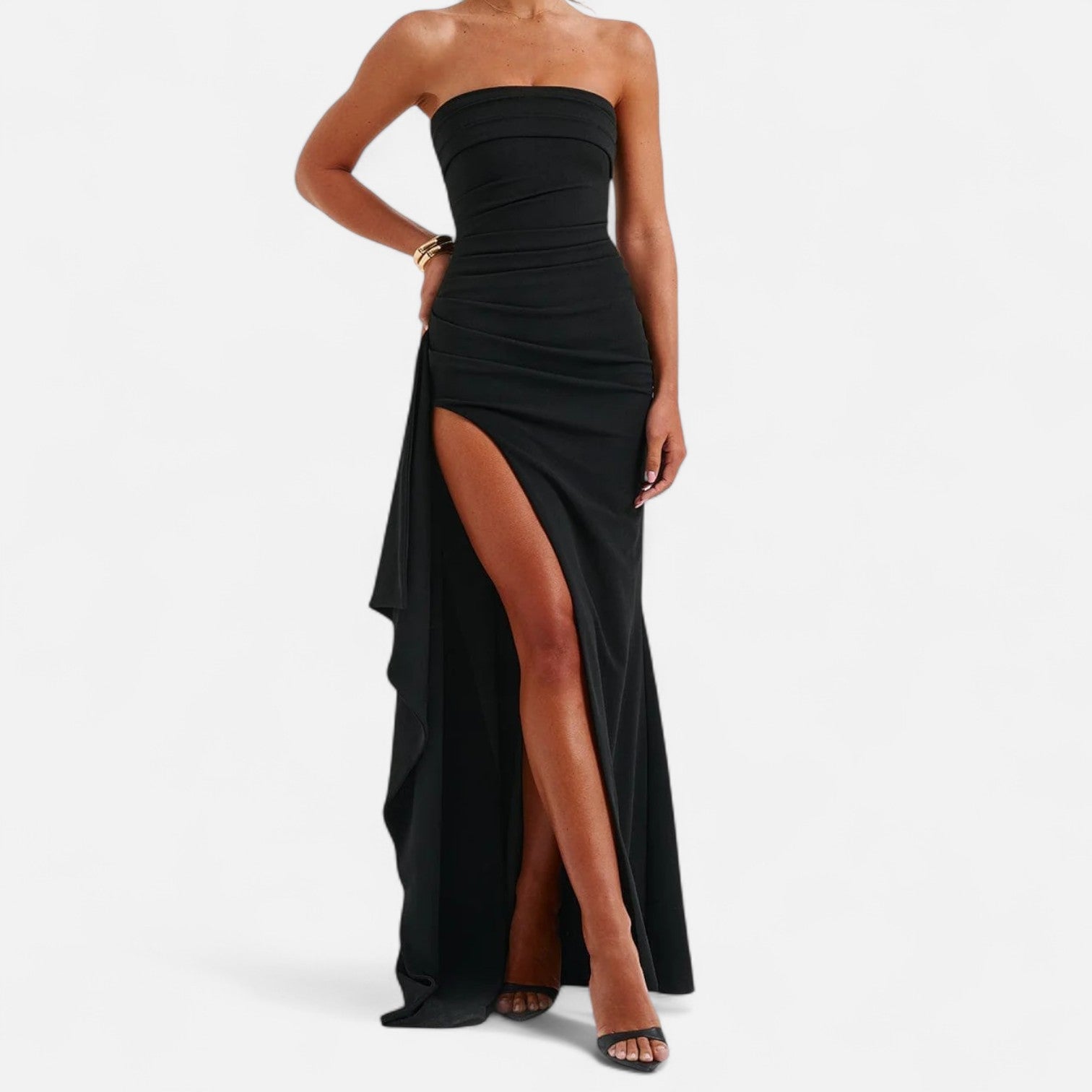 Abito da sera da donna senza spalline con spacco alto – Stile glamour contemporaneo e audace